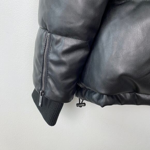 BCBGMaxazria Faux Leather Puffer Jacket Mock Neck Full Zip Black Coat Size Large - Picture 8 of 9